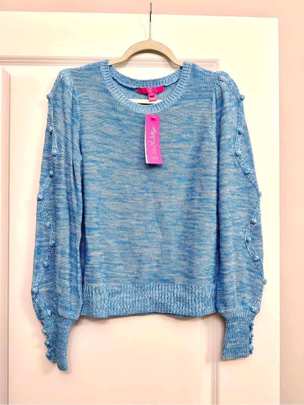 Lilly Pulitzer Attie Crewneck Sweater in Aqua Palma Marl Bobble Accent Sleeve S
